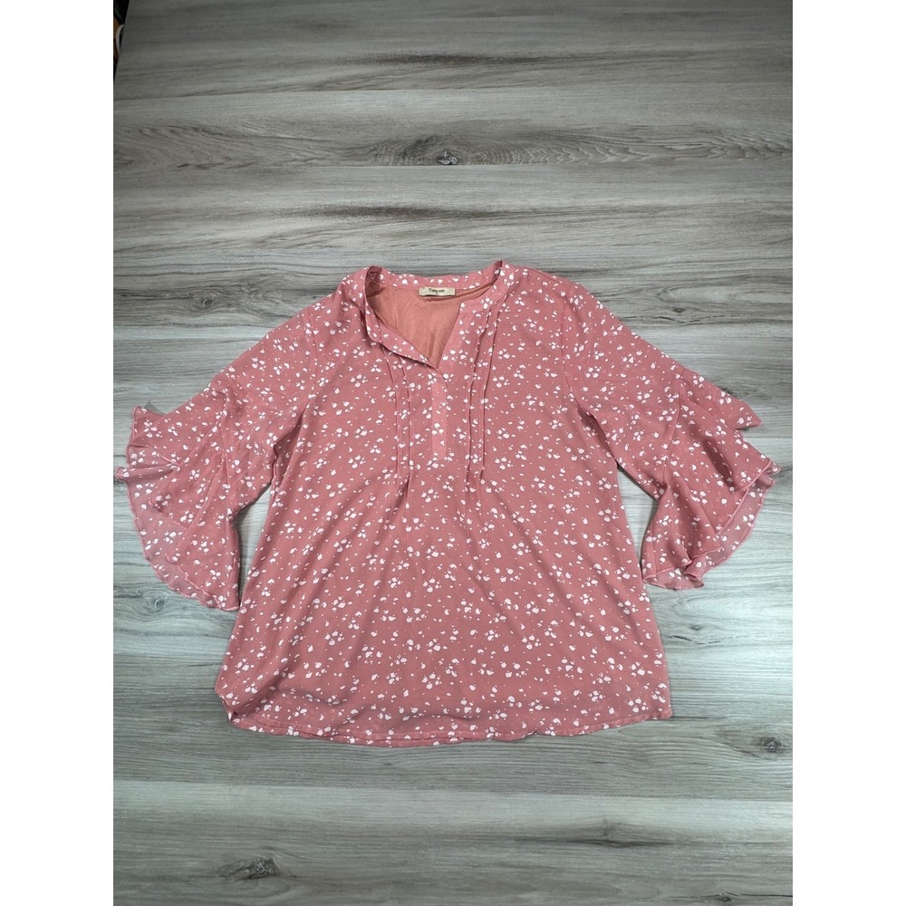 Timeson Womens Coral‎ Pink White Splatter Print Tiered Bell Sleeve Blouse Top